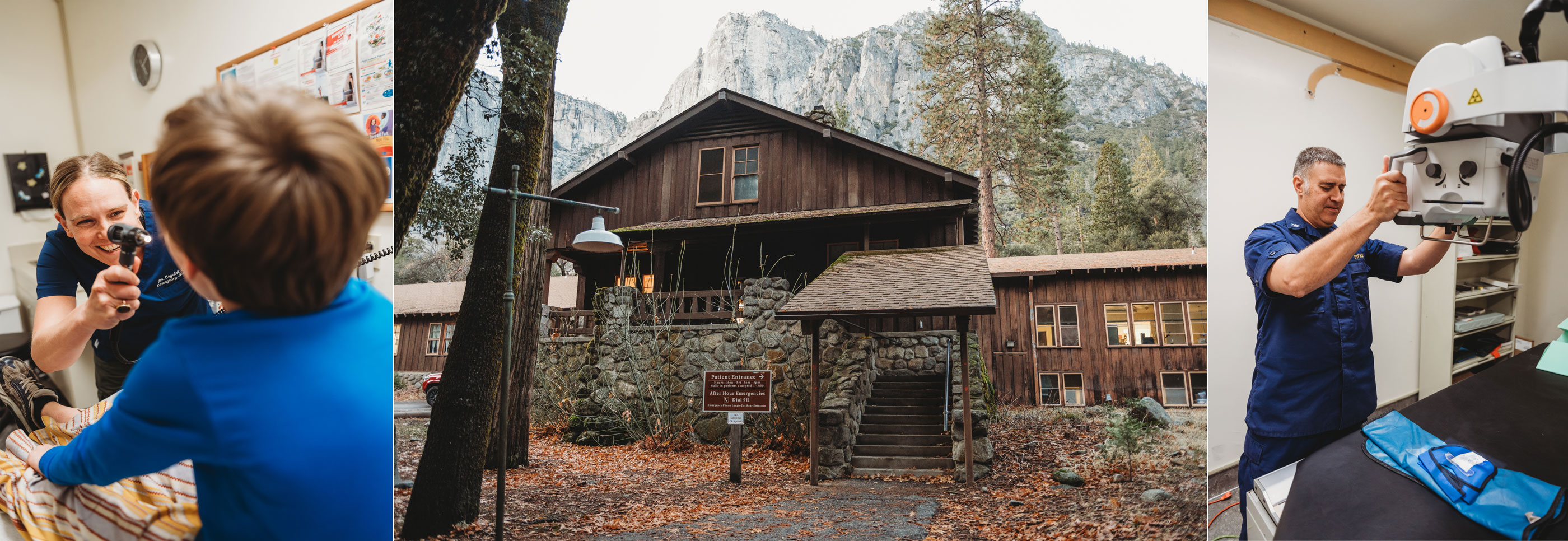 Three photos: a doctor examining a child patient's eye, a photo of the rustic-style Yosemite Medical Clinic building, and a photo of a person handling an x-ray machine