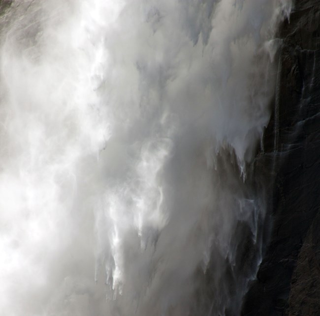 Close-up of Yosemite Falls, focused on white water falling