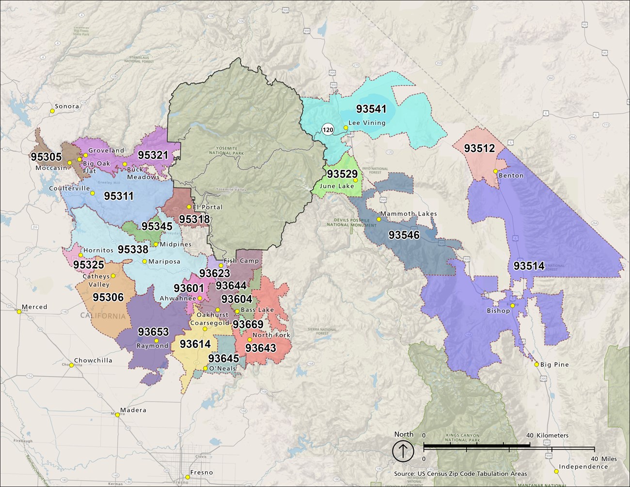 Map showing the zip codes listed above, which are clustered around the edge of Yosemite National Park