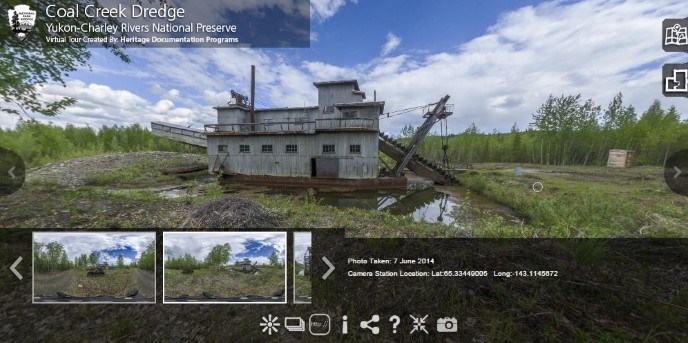 Screen capture of an interactive map that highlights some of the unique historic sites in Yukon-Charley Rivers through virtual panotours.