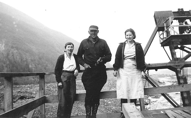Mildred Hendricks, Fred Overmiller, and Juanita King on the Coal Creek Dredge