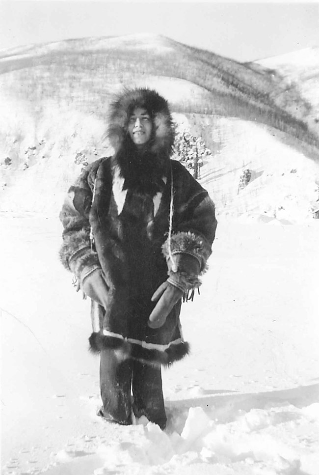 Mildred Hendricks in winter, dressed in fur clothing