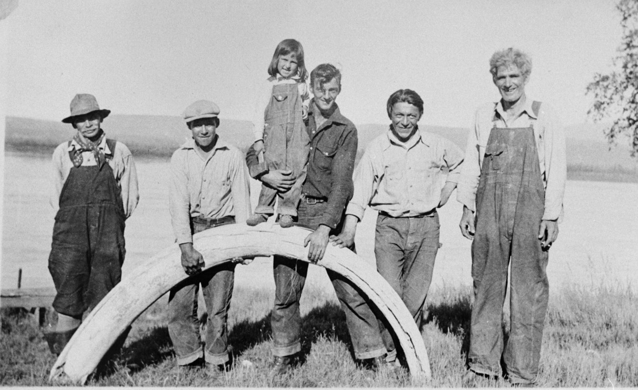 The Biedermans and friends with a mammoth tusk near the Yukon River circa 1930s