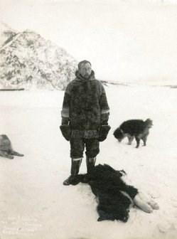 Historic photo of Roald Amundsen and his sled dogs on the frozen Yukon River near Eagle, Alaska.