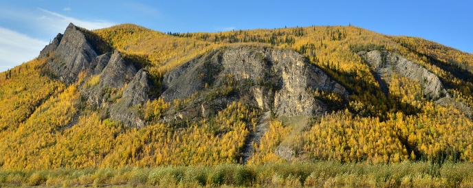 The tall Tahkandit Limestone bluffs near Nation River