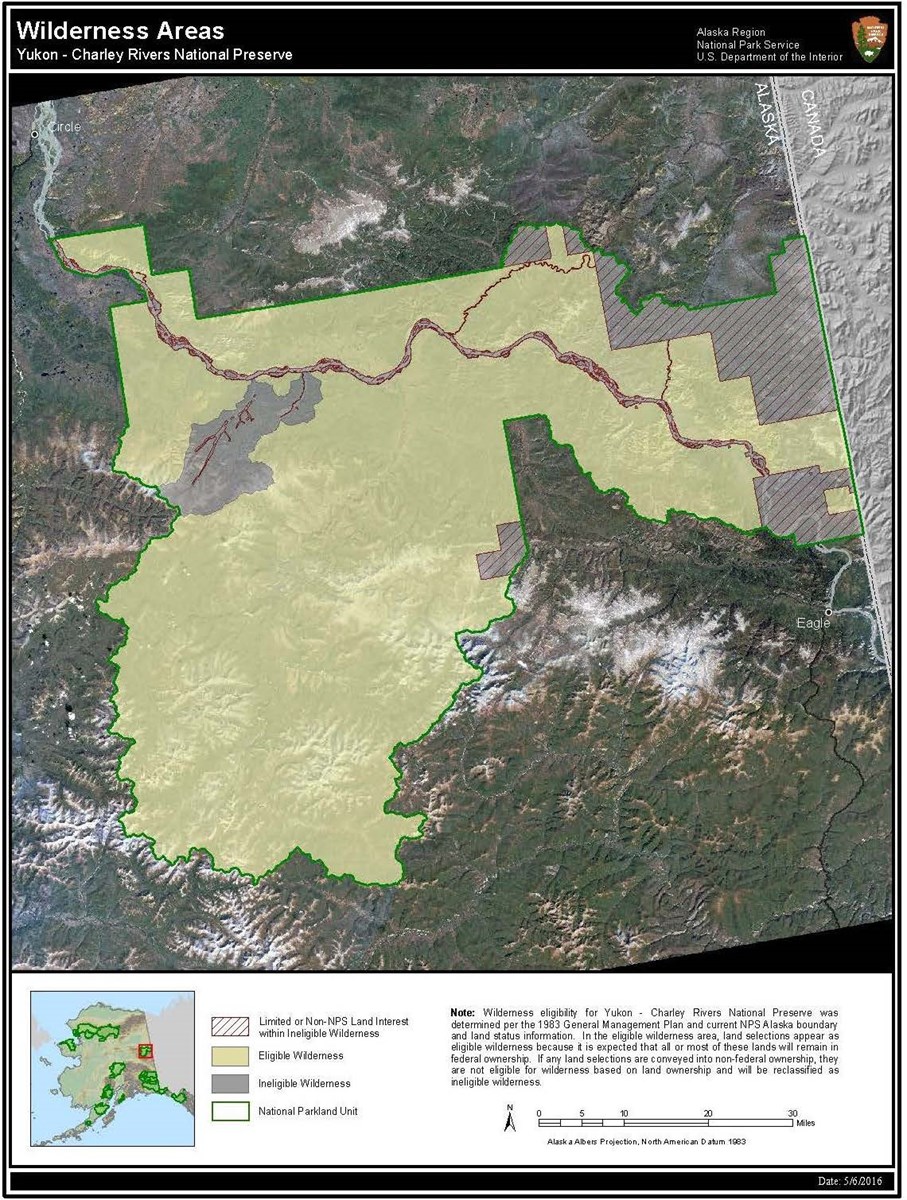 Map of Yukon-Charley Rivers depicting area of eligible Wilderness designation