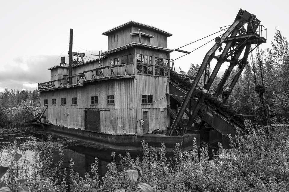 Black and white photograph of the Coal Creek Dredge