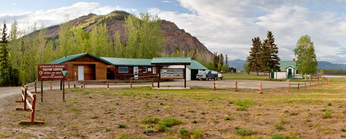 Eagle Visitors Center and headquarters with Eagle Bluff and the Yukon River in the background