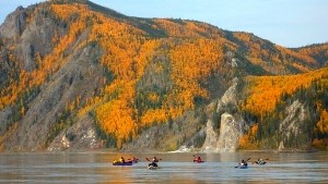Kayaks on the Yukon River in fall