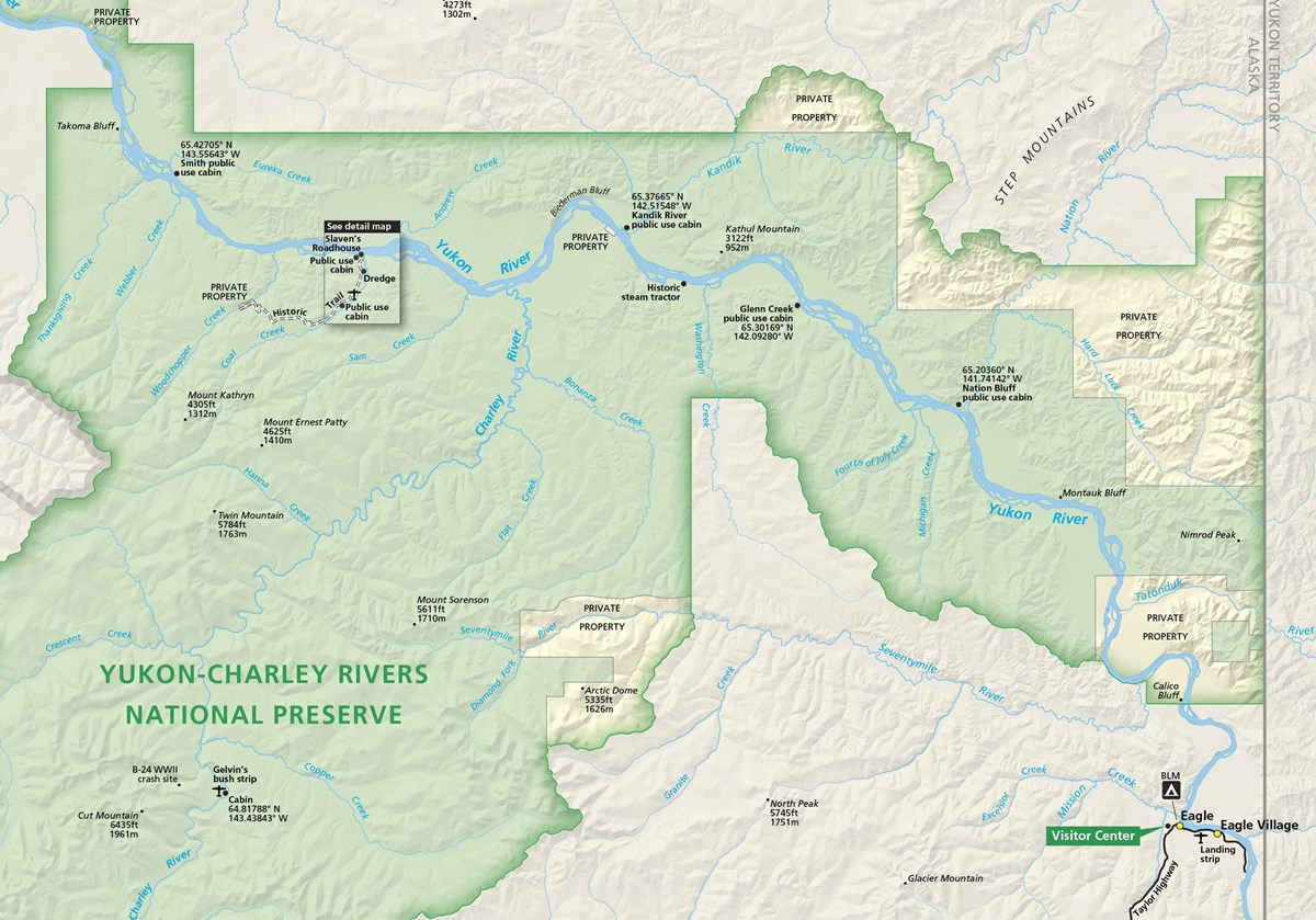 Closer view of Yukon-Charley Rivers map along the Yukon River