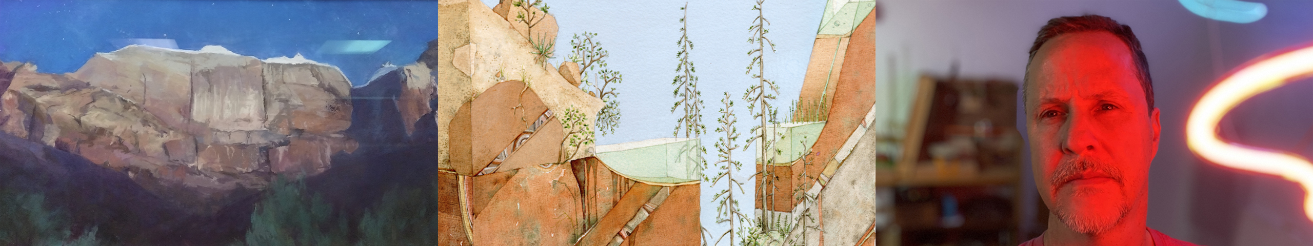Three pictures in a row. From left to right: a painting of sandstone cliffs, a watercolor painting of a cutaway landscape, and a picture of an artist.