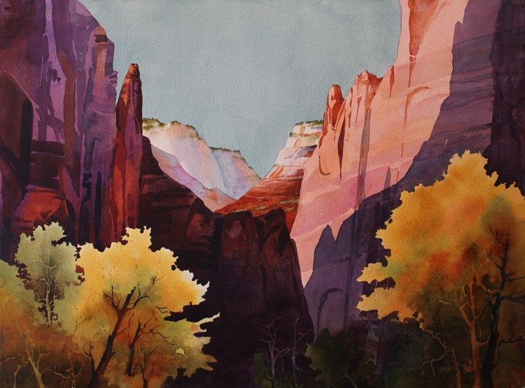 watercolor painting of canyon walls and yellow trees