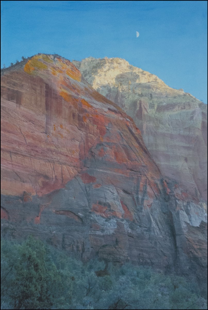 Watercolor depiction of the moon rising over the red rocks in Zion National Park