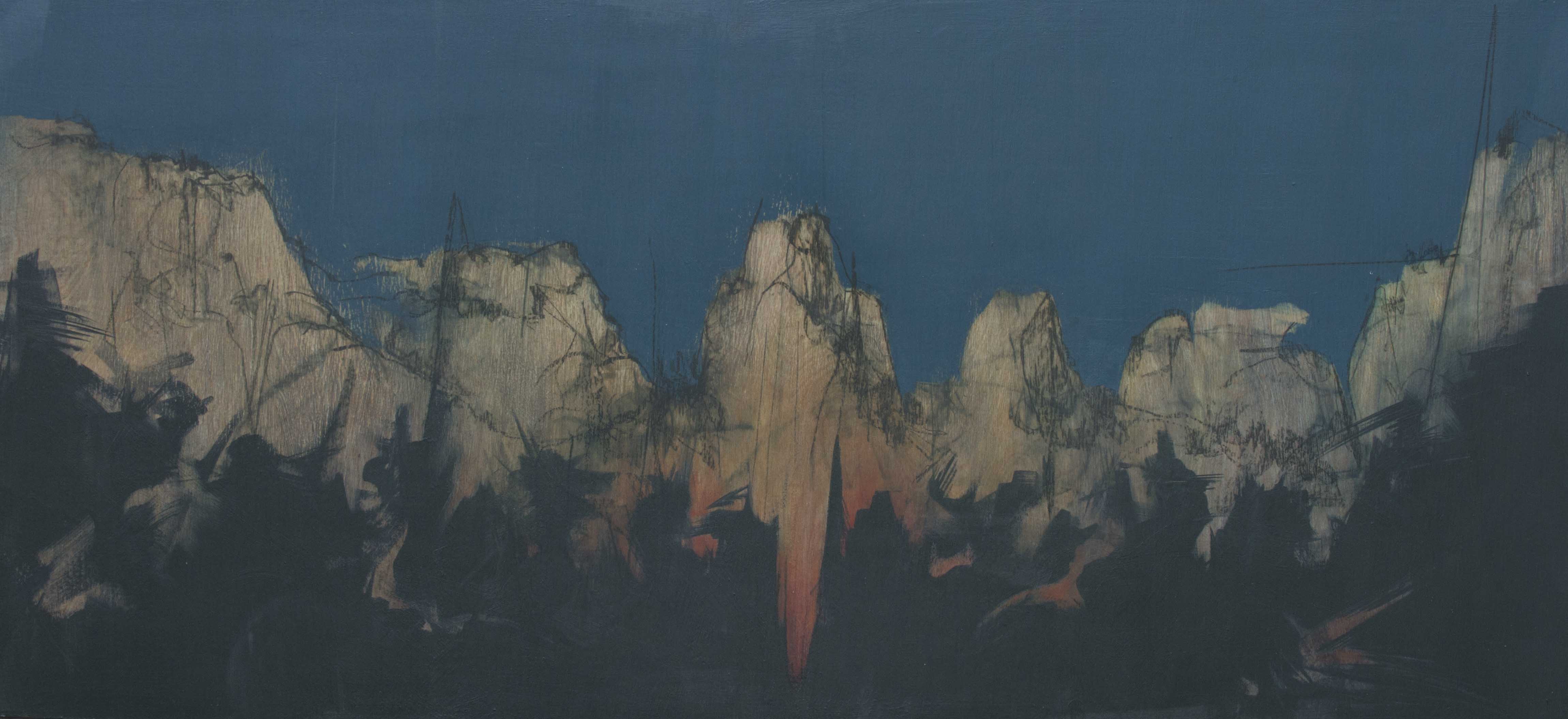 Painting of canyon walls with a dark blue sky
