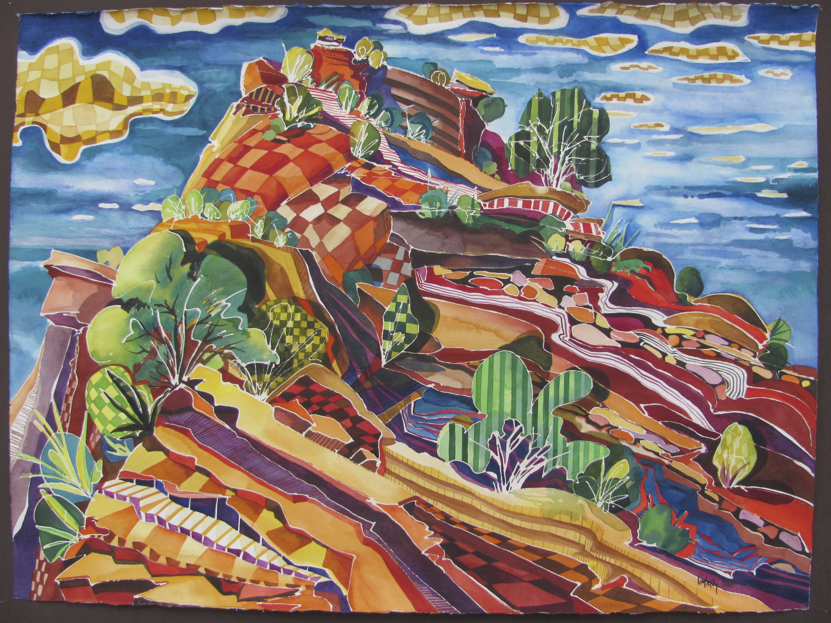 A brightly colored, abstract painting of a red layered rock.