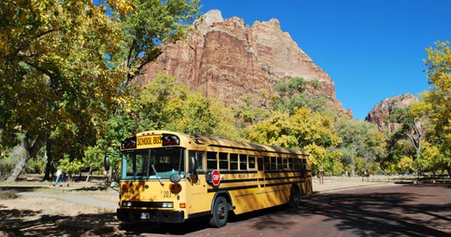 School bus parked in Zion with a large mountain peak behind it
