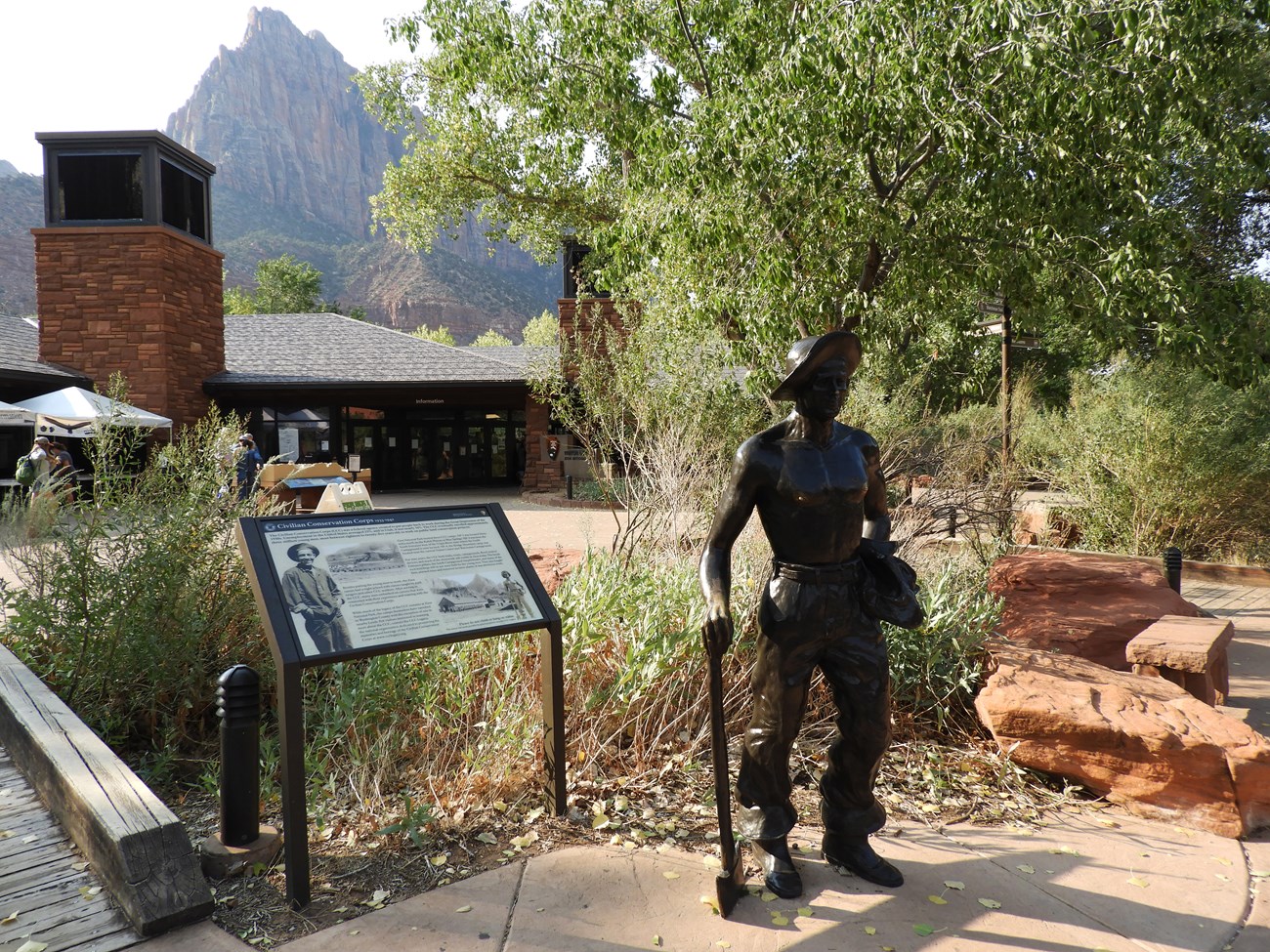 This statue, dedicated in 2016, commemorates the work of the CCC enrollees who were critical in creating much of the infrastructure for Zion National Park. It currently stands in front of the park’s Visitor Center. NPS Photo.