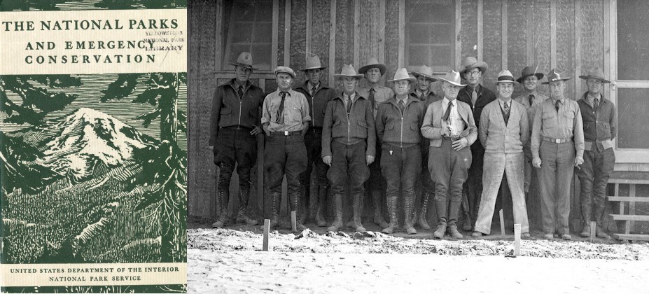 Two images: the left is the green and white cover of a report titled "The National Parks and Emergnacy Conservation" and the right image is a group of men posed in front of a wooden building.