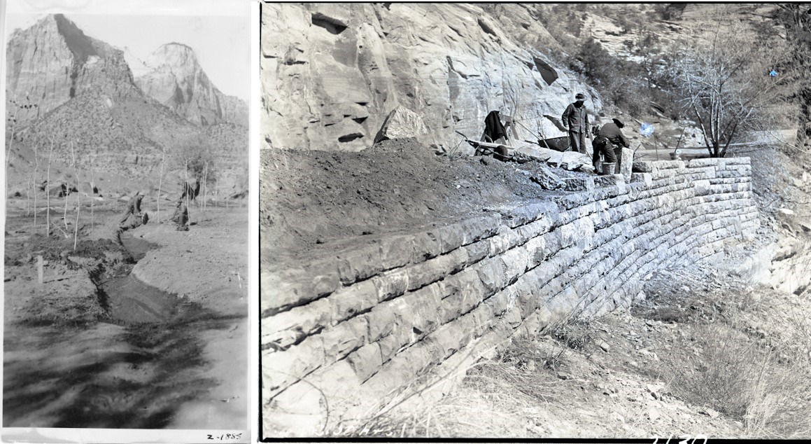 Two black and white images, the left shows two men digging a ditch near saplings, the right shows three men working on a stone retaining wall.