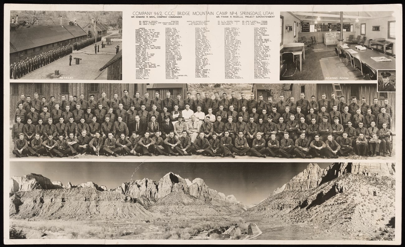 This collage-style photo from 1939 highlights the CCC Bridge Mountain Camp NP-4 in Zion National Park. It includes photos of the camp and a list of the names of all enrollees and their leadership from Company 962.