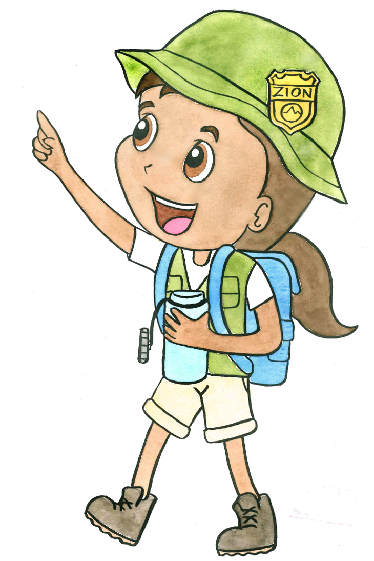 Drawing of kid with backpack and water bottle.