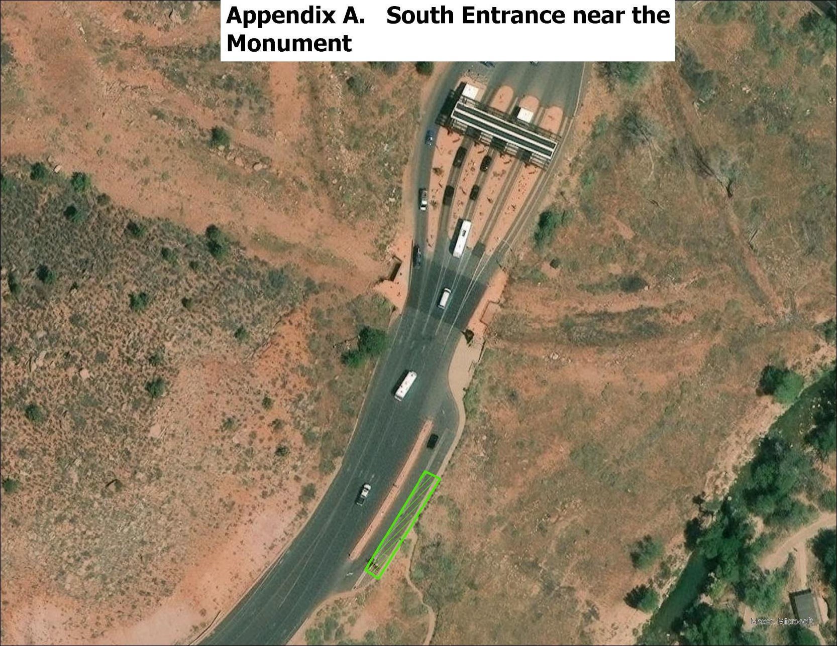 A satellite image showing the South Entrance to Zion National Park. Just south of the entrance gate, an asphalt pull-off runs parallel to the main road. The southeast section of this pull-off is highlighted, indicating a designated demonstration area.
