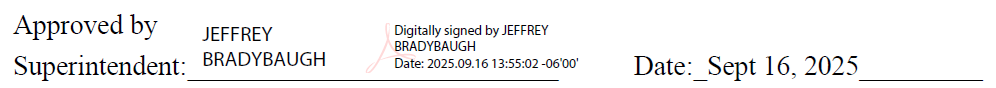 The park superintendent's signature, with text reading "Approved by Superintendent Jeffrey Bradybaugh. Date: September 16, 2025."