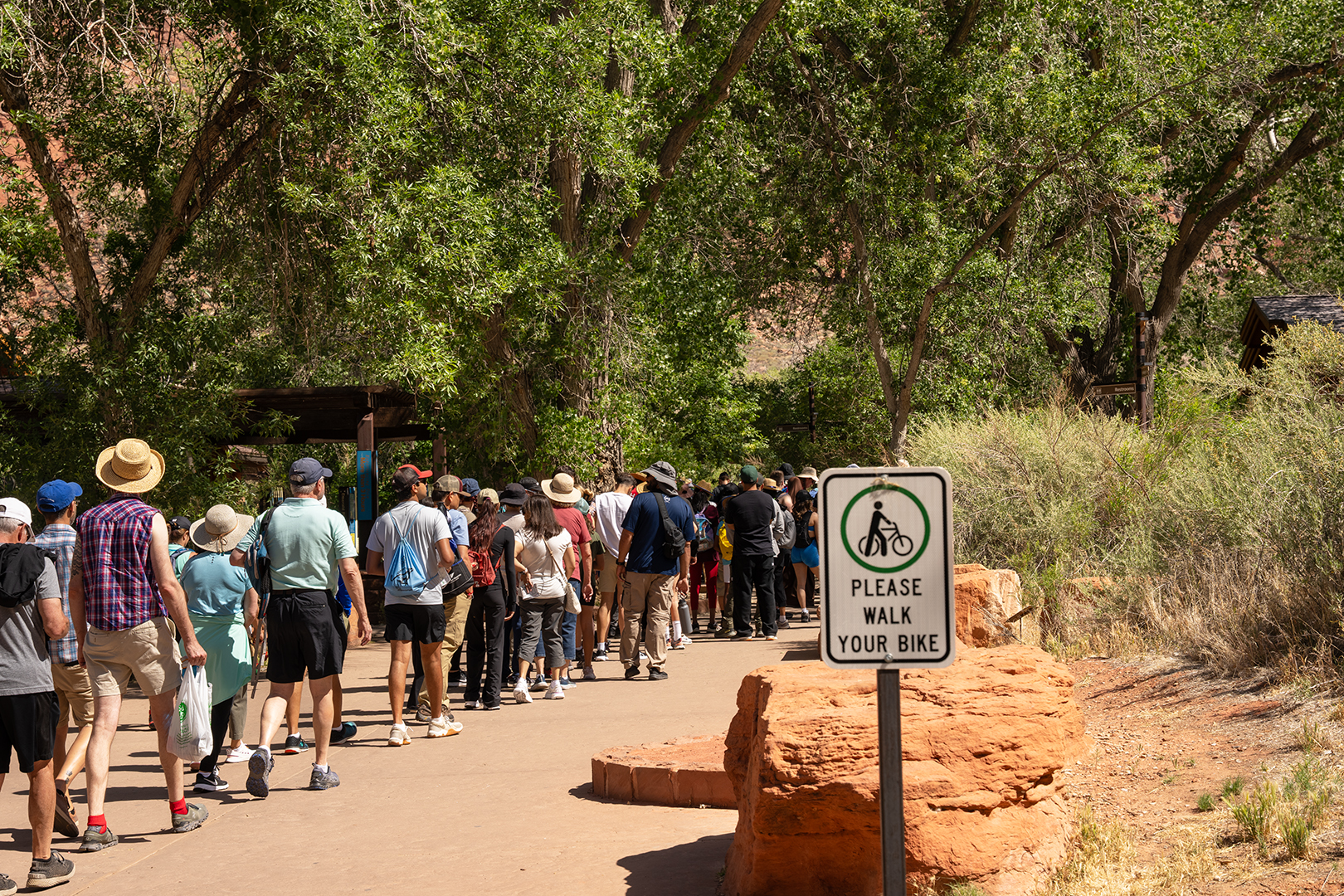 A long line of people in a courtyard