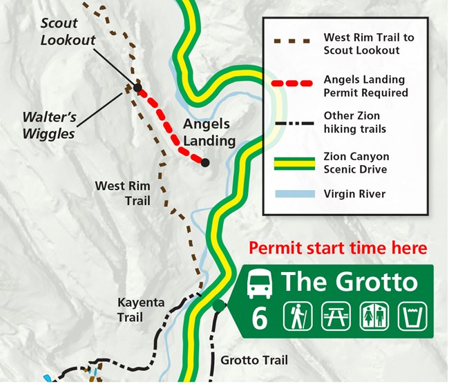 Map showing locations where permit is needed to hike at Angels landing. Permit time is at the Grotto (shuttle stop 6), and hikers follow the West Rim Trail as far as Scout Lookout. Hikers must have permits to go past Scout Lookout to Angels Landing.