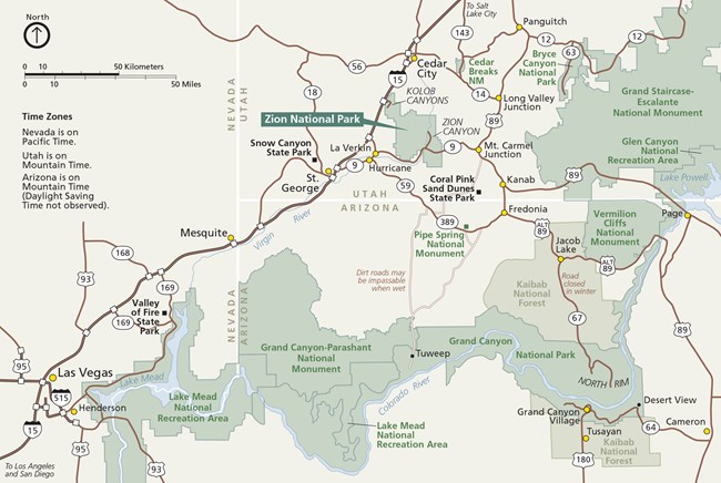 Green map of the roadways connecting to Zion National Park