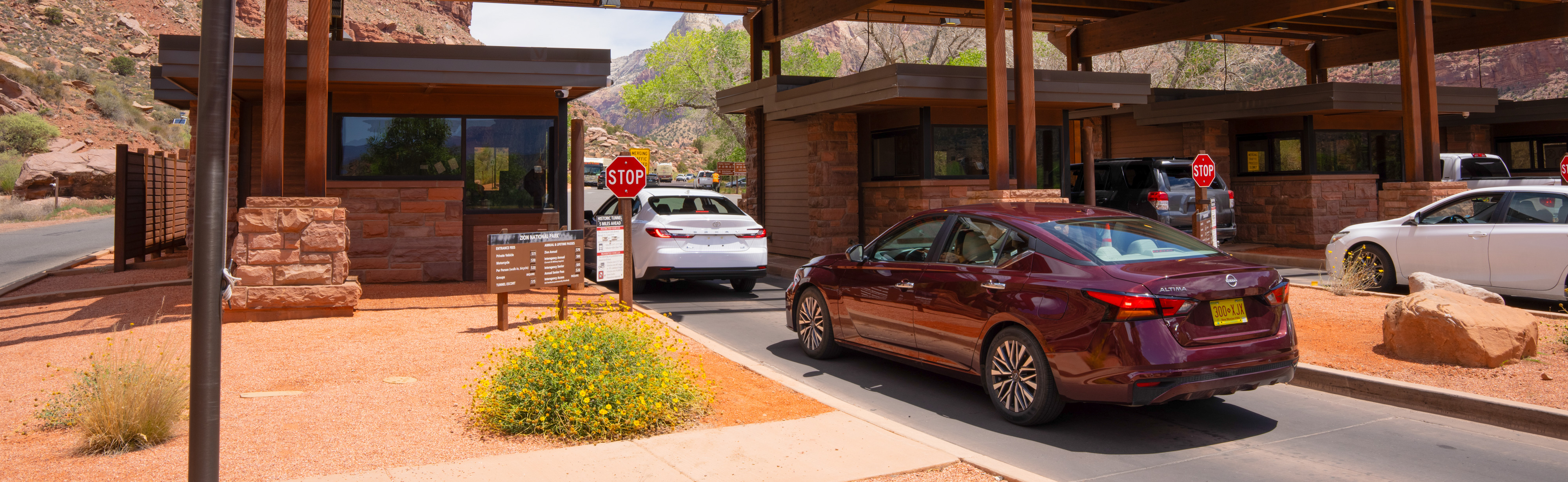 A small line of cars wait to enter Zion National Park.