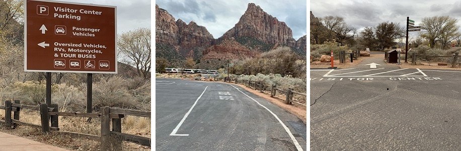 Three images of the parking area for tour buses, including the parking sign, the paved parking lot, and the walkway to the visitor center.